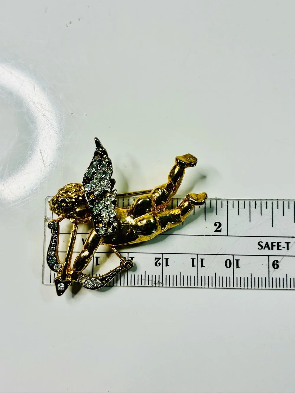 Distressed Gold-Tone Cupid Brooch with Clear Rhinestones Classic Valentine READ